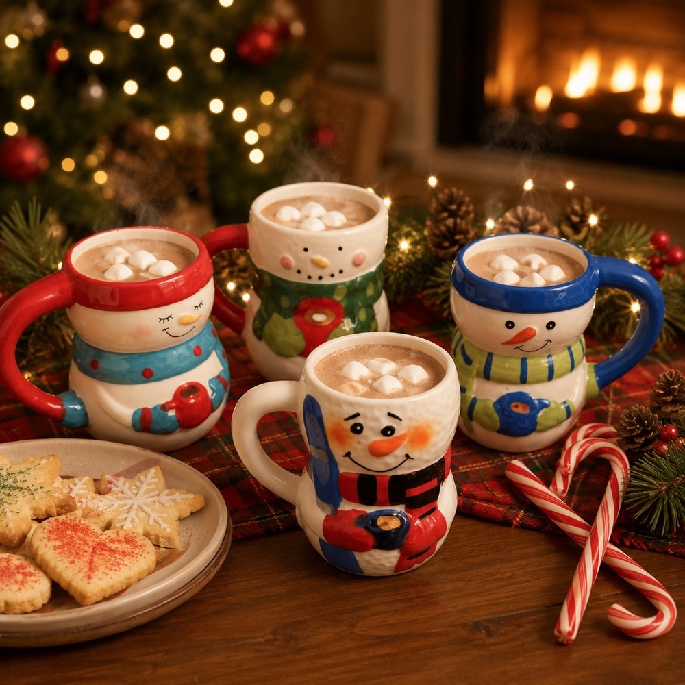 Bay Island Snowman Ceramic Mugs Set of 4 Festive Holiday Winter Hot Cocoa 2013